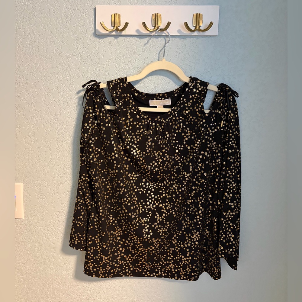 Michael Kors Gold Star Cold Shoulder Blouse Size M Black Metallic Top